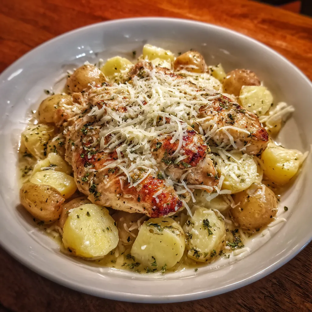 Crockpot Garlic Parmesan Chicken with Potatoes and Cheese