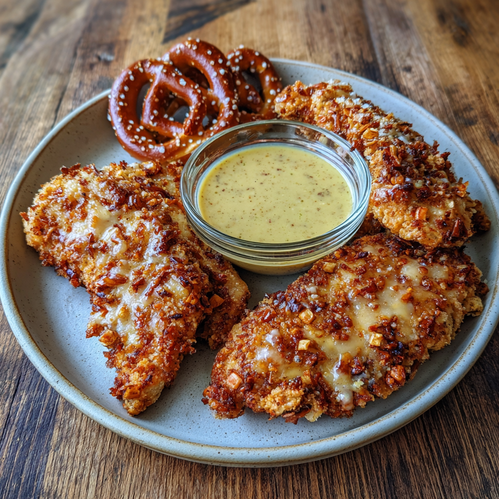 Pretzel Chicken with Mustard-Cheddar Sauce