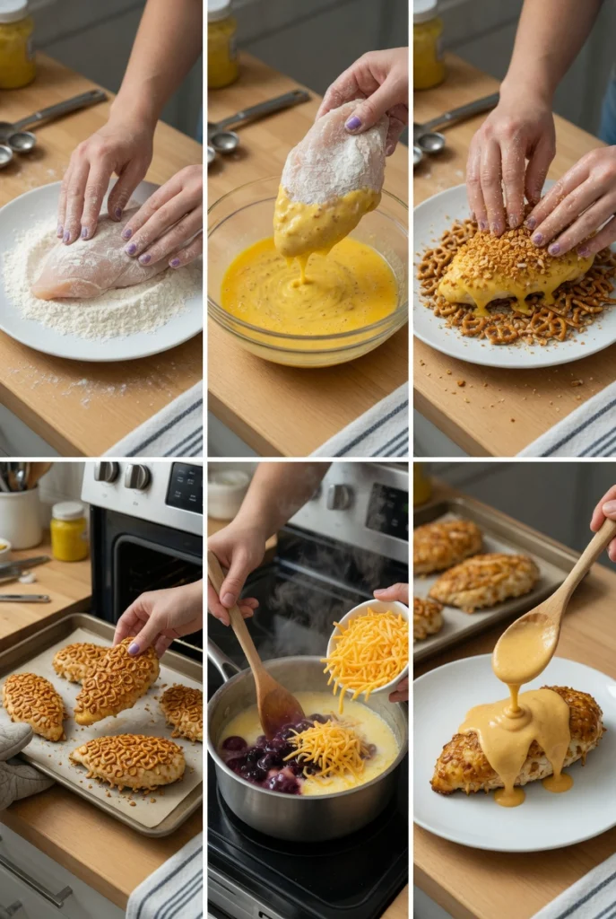 Pretzel Chicken with Mustard-Cheddar Sauce